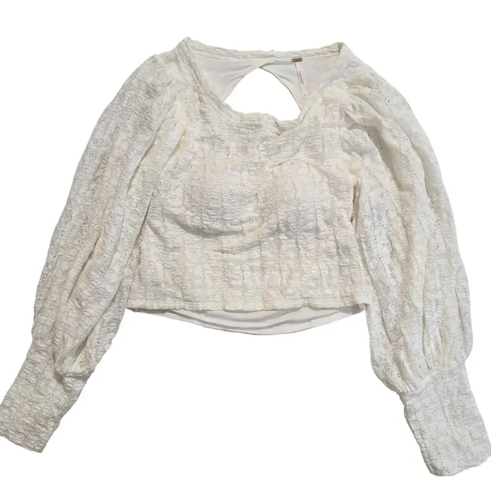 Free People Jasmine Tea Time Long Puff Lace Sleeve Top Open Back Sz S Romantic